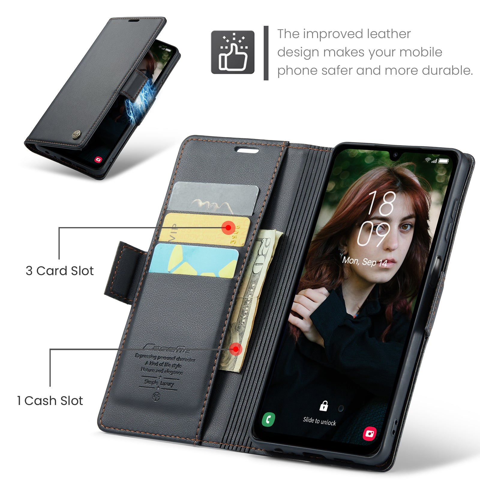 For Samsung Galaxy A16 5G / A16 4G Case CASEME 023 Series RFID Blocking Glossy Stand Phone Cover - Black For Samsung Galaxy A16 5G / A16 4G Case CASEME 023 Series RFID Blocking Glossy Stand Phone Cover - Black